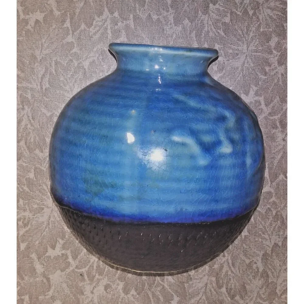 Vietnamese Vase ceramic handcrafted crackle glaze blue brown embossed flower VTG